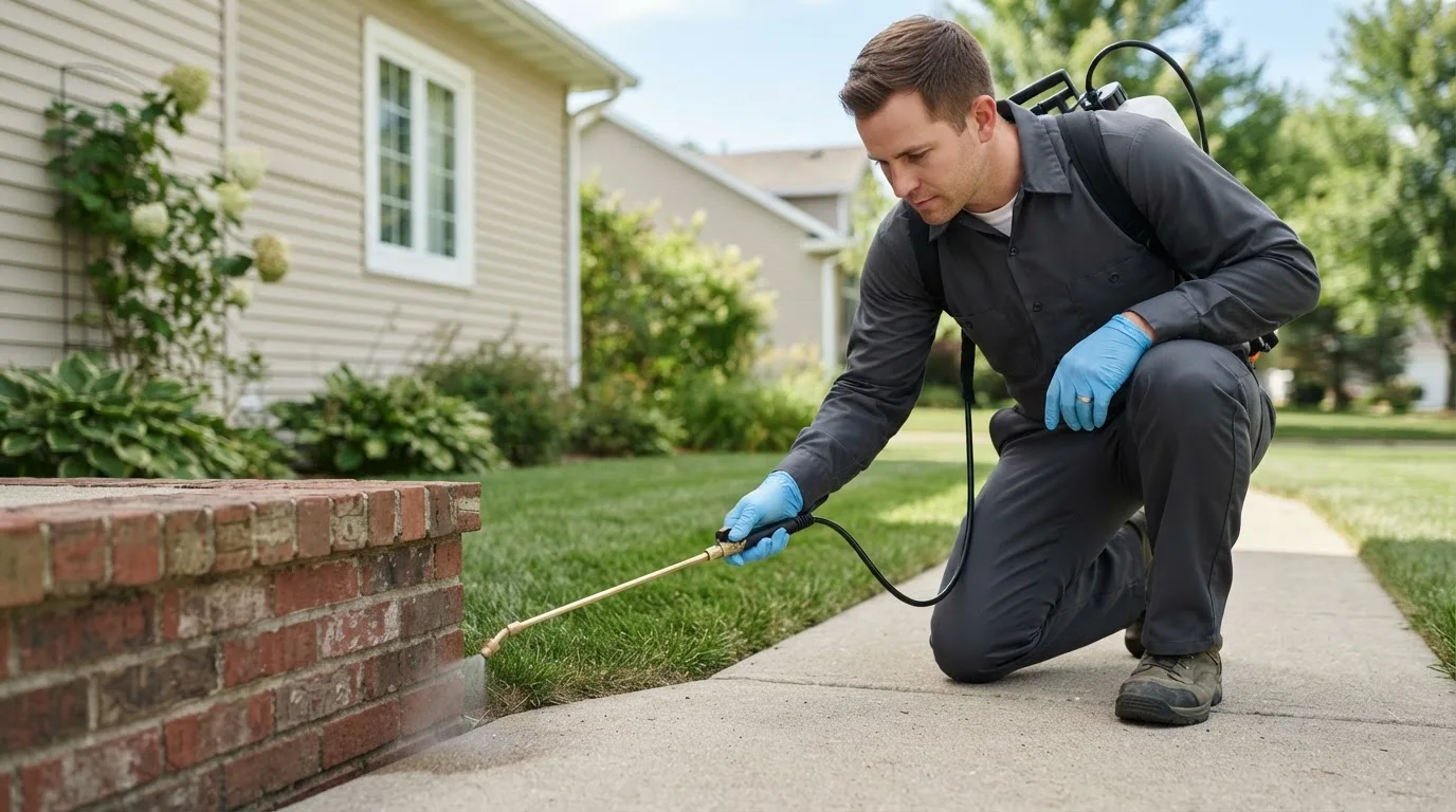Pest control technician treating a home near England, AR